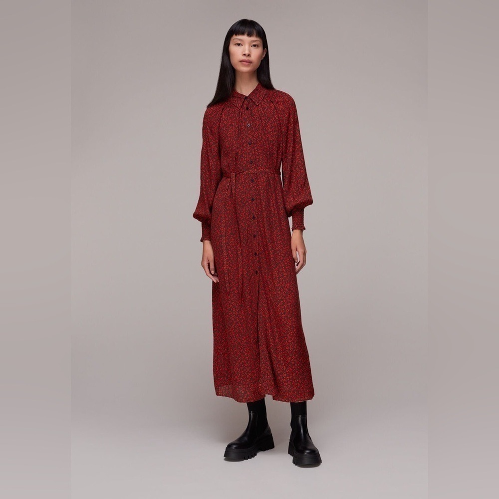 Whistles New Size 10 Red and Black Pansy Dot Floral Long Sleeve Maxi Shirt Dress